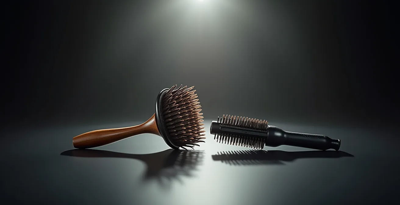 Eine Auswahl an hochwertigen, modernen Haarstyling-Geräten, die in einem minimalistischen Badezimmer-Ambiente arrangiert sind.