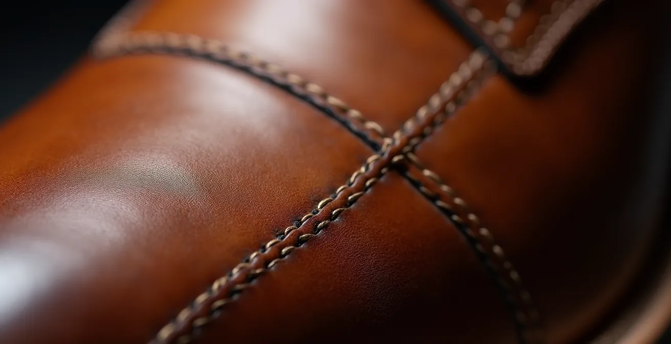 Makroaufnahme einer traditionellen Rahmennaht an einem Lederschuh