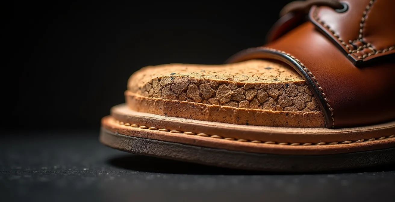 Makroaufnahme einer rahmengenähten Schuhkonstruktion im Querschnitt