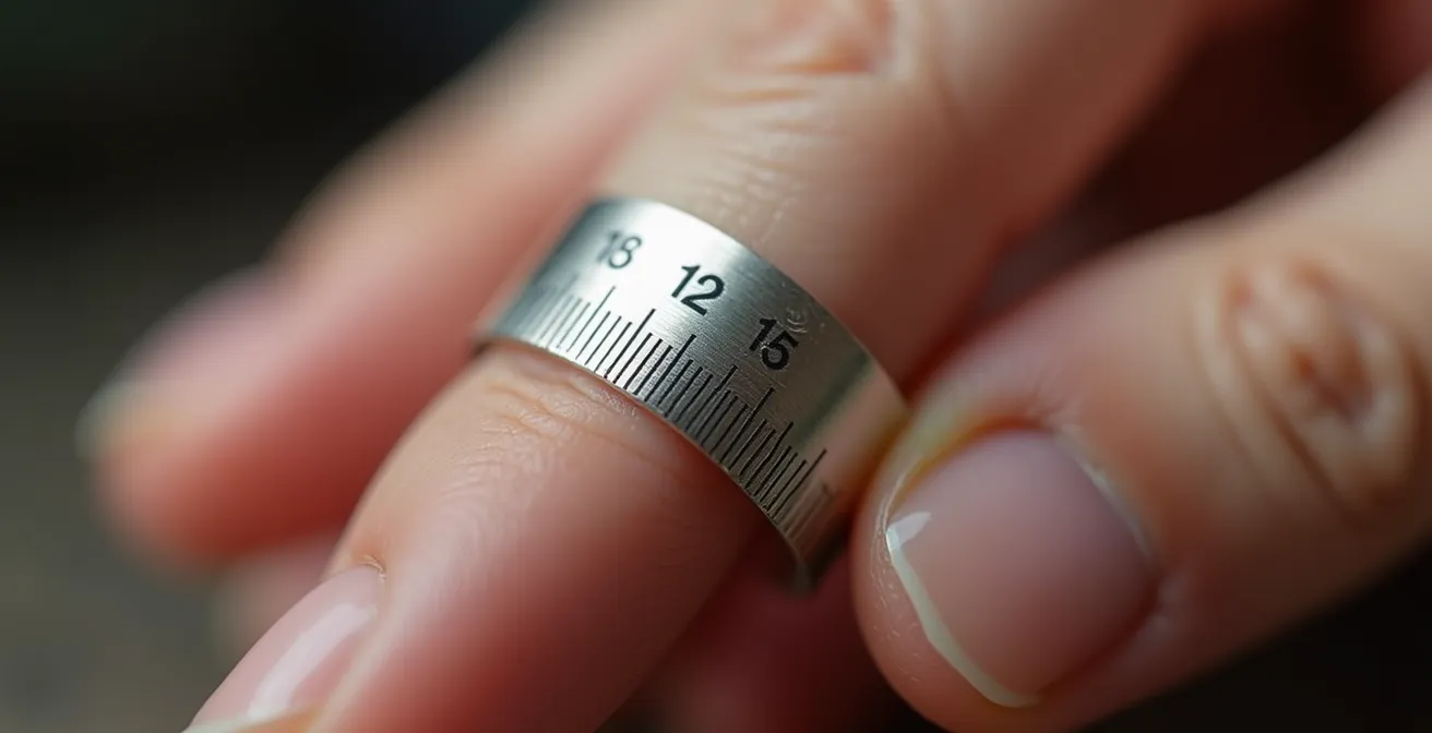 Makroaufnahme eines Ringmaßbandes um einen Finger mit sichtbarer Größenskala