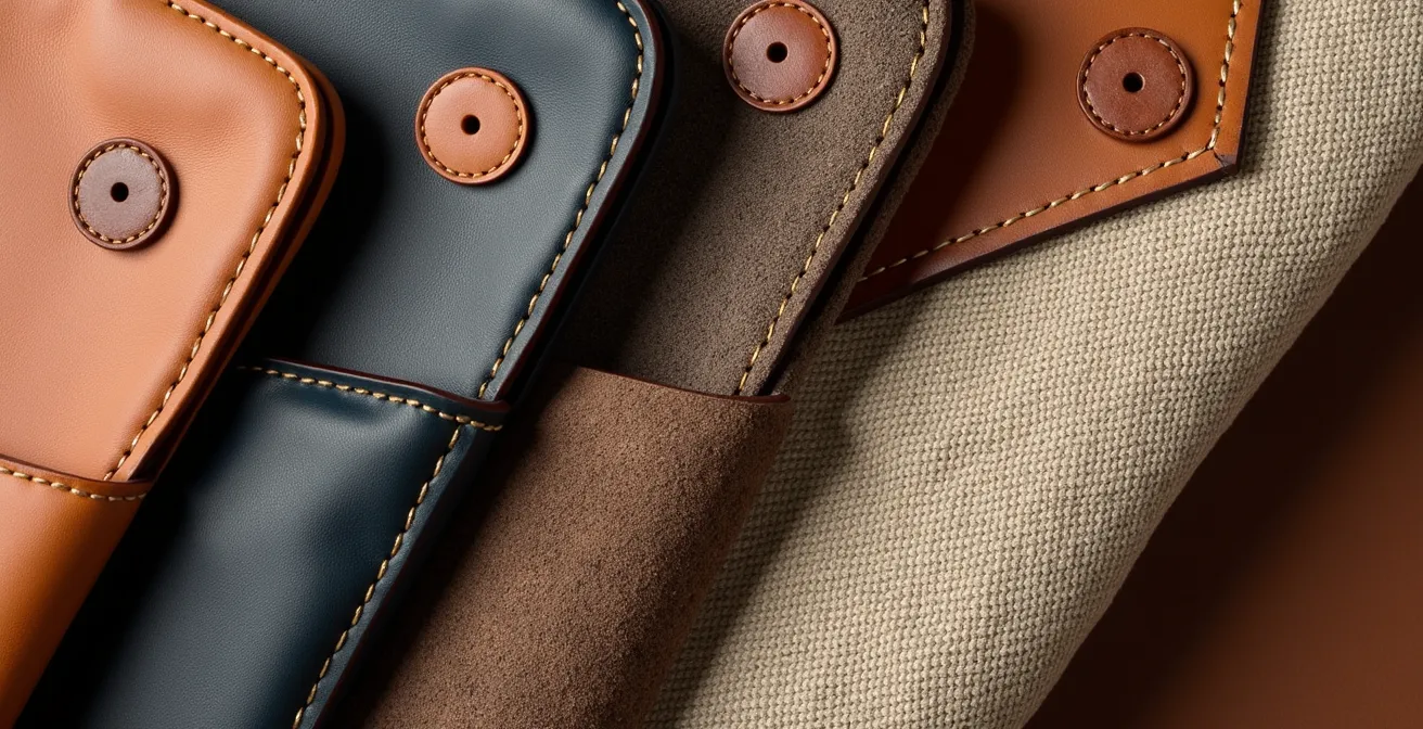 Detailaufnahme verschiedener Leder- und Materialkombinationen bei Schuhen und Taschen