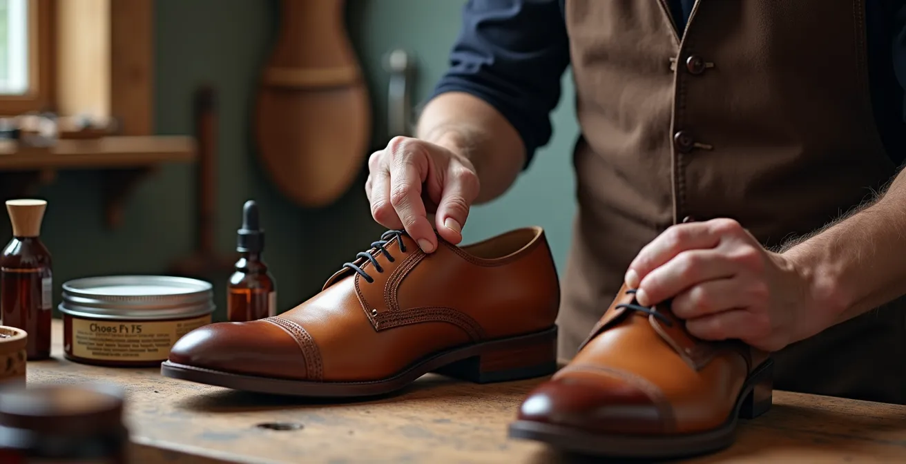 Professionelle Schuhpflegeutensilien auf Werkbank arrangiert