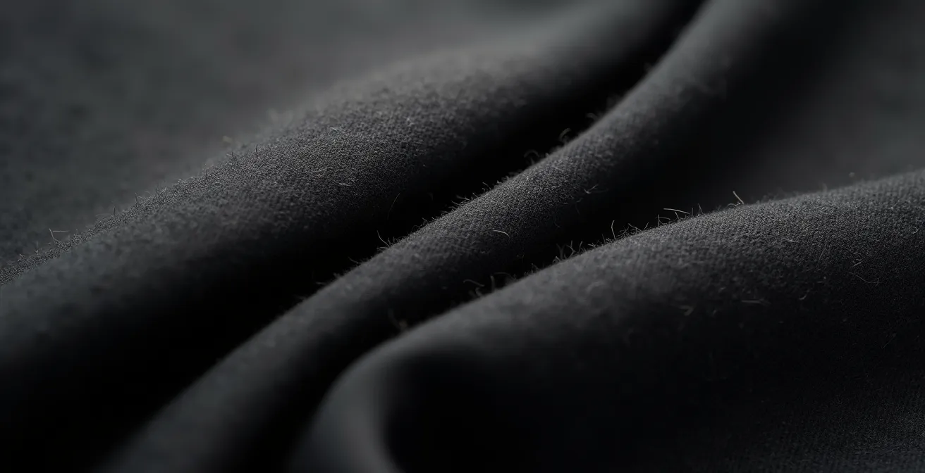 Verschiedene Schwarztöne und Stofftexturen im Vergleich unter natürlichem Licht