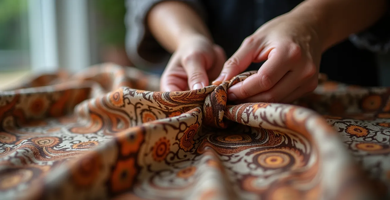 Nahaufnahme von Händen, die ein gemustertes Seidentuch zu einem eleganten Turban binden