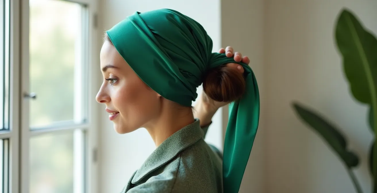 Elegante Frau trägt Seidentuch als Turban mit traditionellen deutschen Bindetechniken