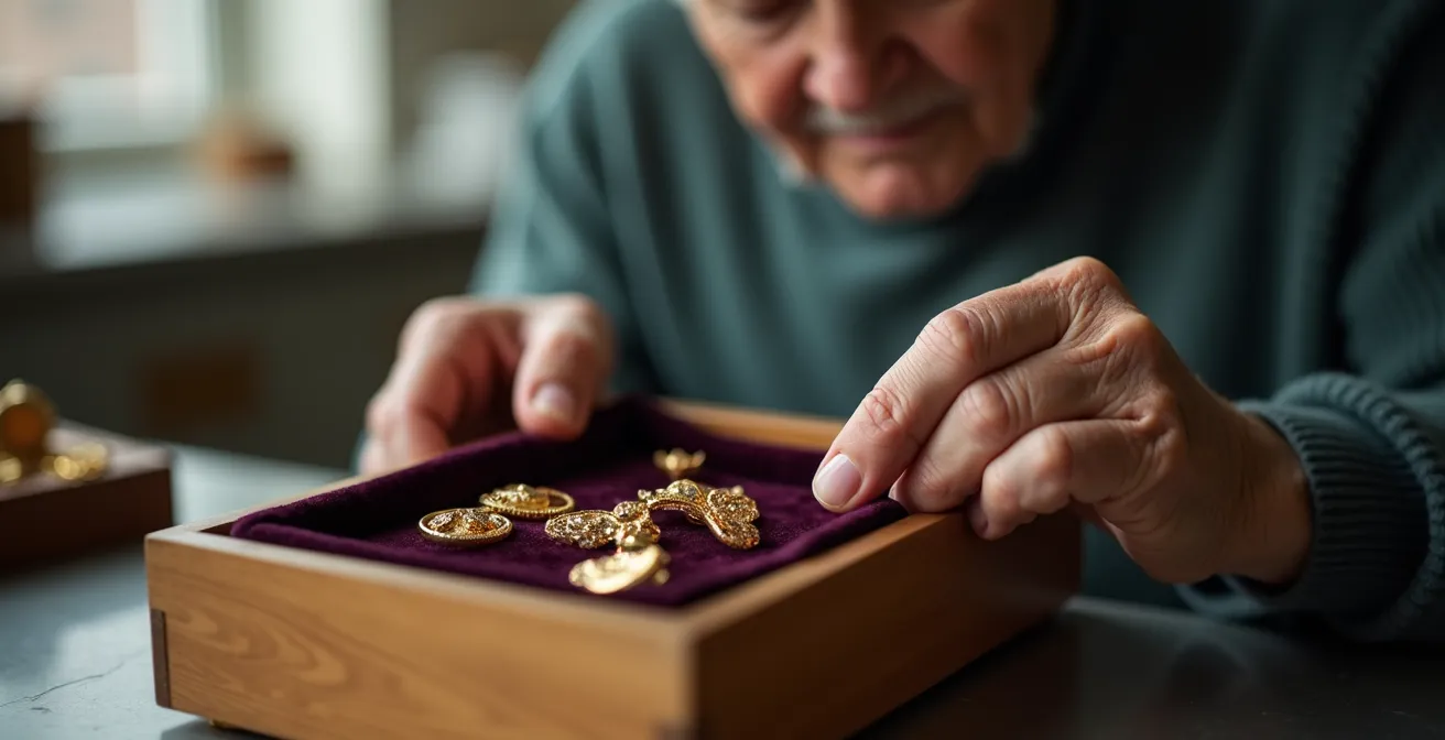 Seriöser Goldankauf bei deutscher Scheideanstalt, bei dem geerbter Schmuck sorgfältig in eine Schale gelegt wird