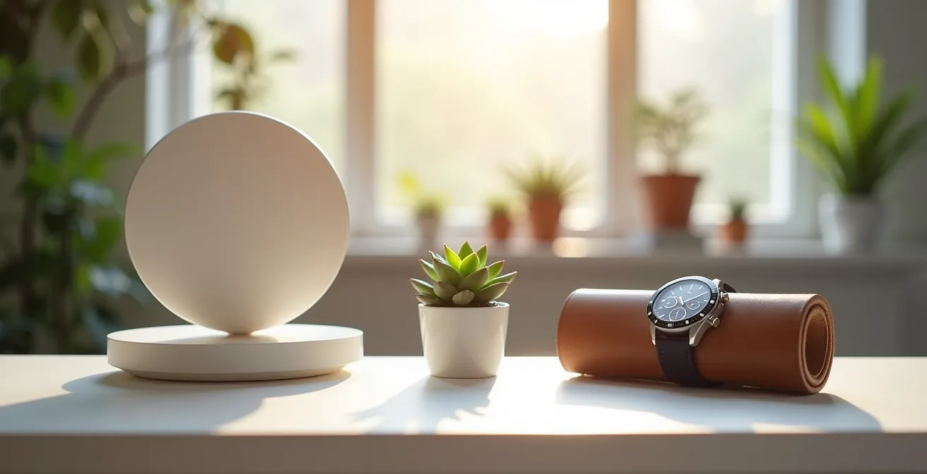 Minimalistische Darstellung von Smartwatch-Ladekabel und mechanischer Uhr in ruhiger Umgebung