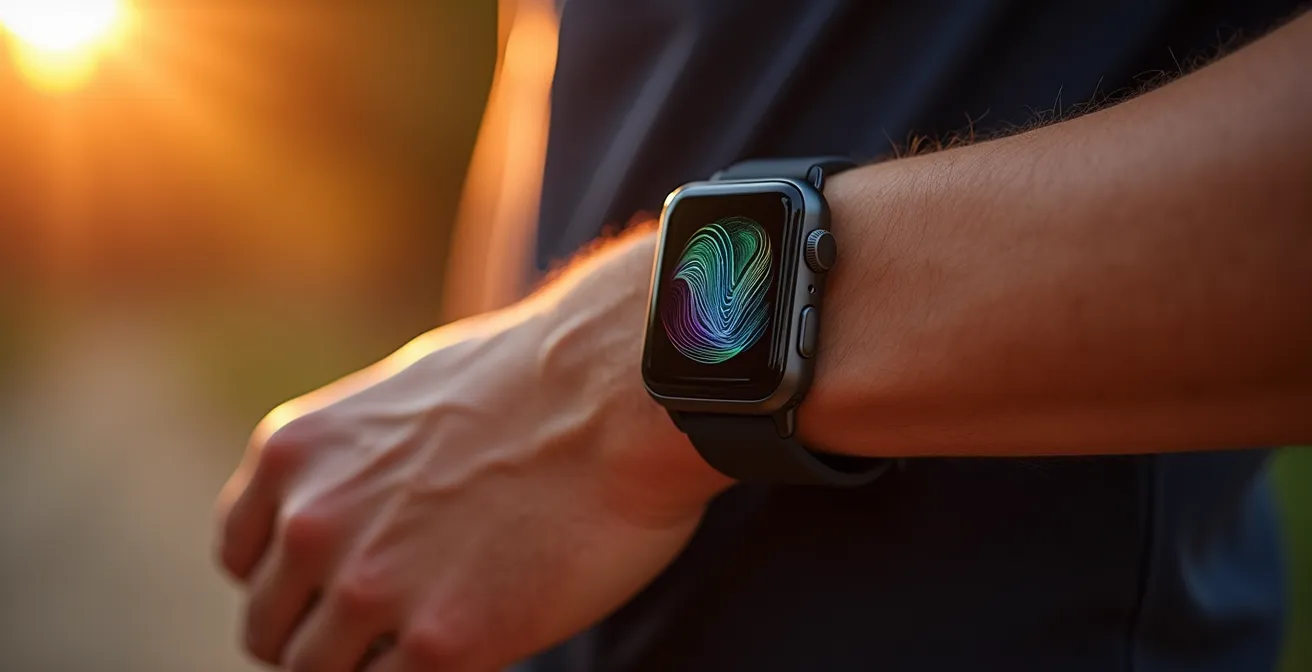 Abstrakte Darstellung von Gesundheitsdaten und biometrischen Messungen auf einem Handgelenk mit Smartwatch