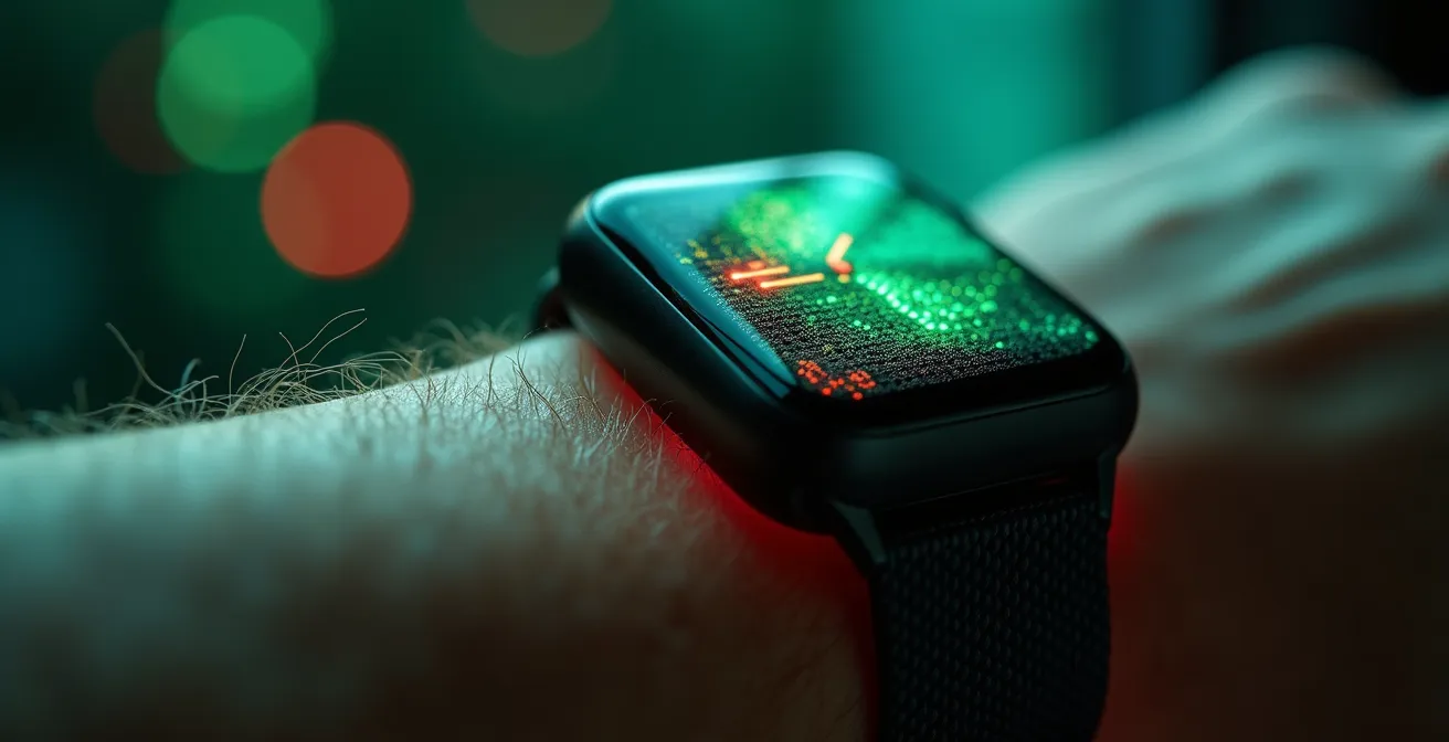 Makroaufnahme einer Smartwatch mit abstrakten Gesundheitsdaten-Visualisierungen
