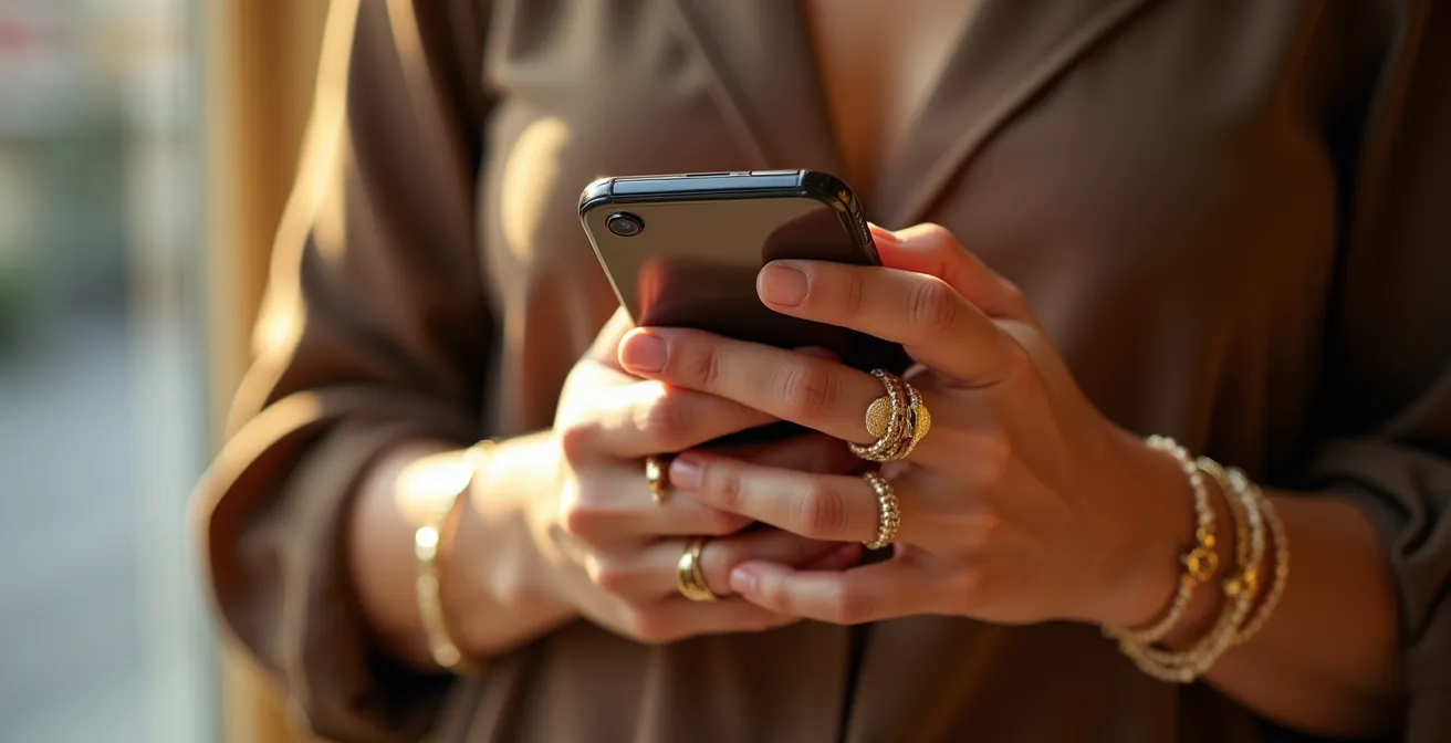 Eine elegante Hand mit Ringen und Armbändern scrollt durch einen Social-Media-Feed auf einem Smartphone.