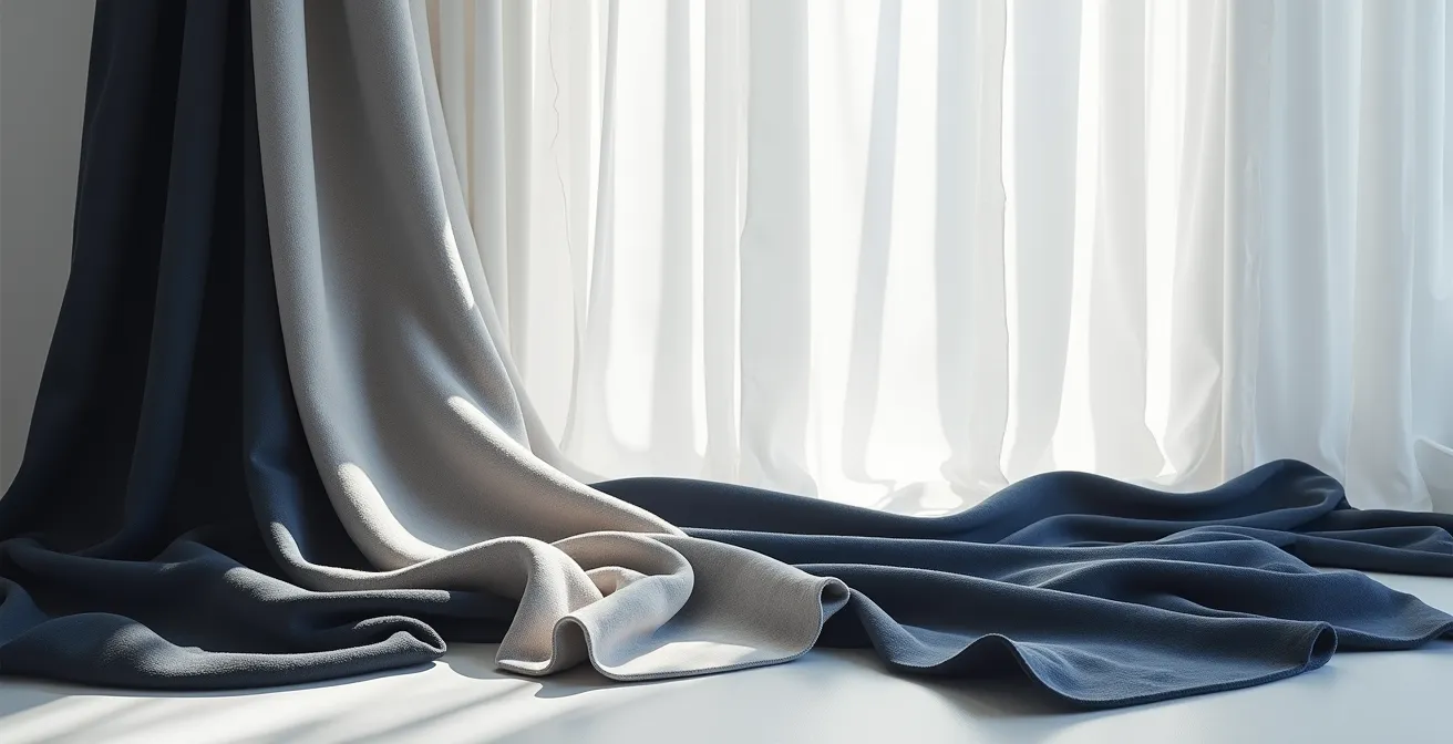 Minimalistische Komposition edler Stoffe in dezenten Farbtönen wie Grau, Marineblau und Anthrazit.