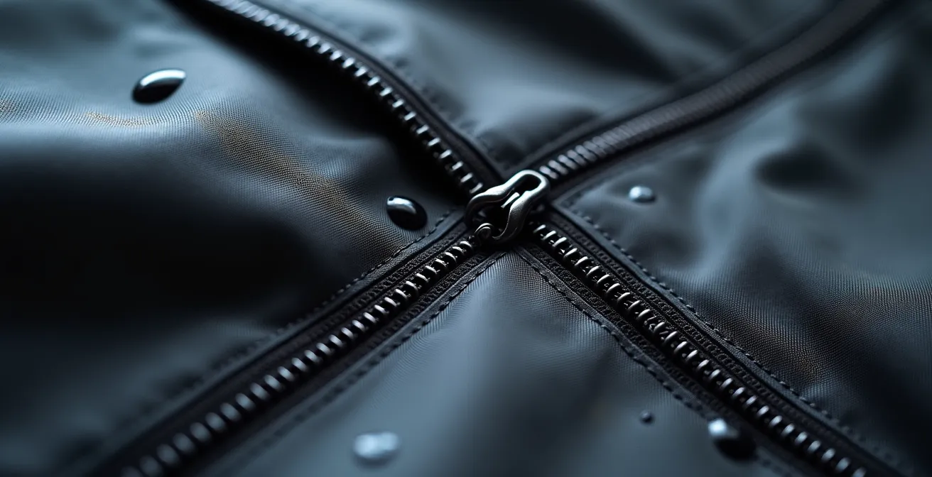 Nahaufnahme technischer Stoffdetails und funktionaler Verschlüsse