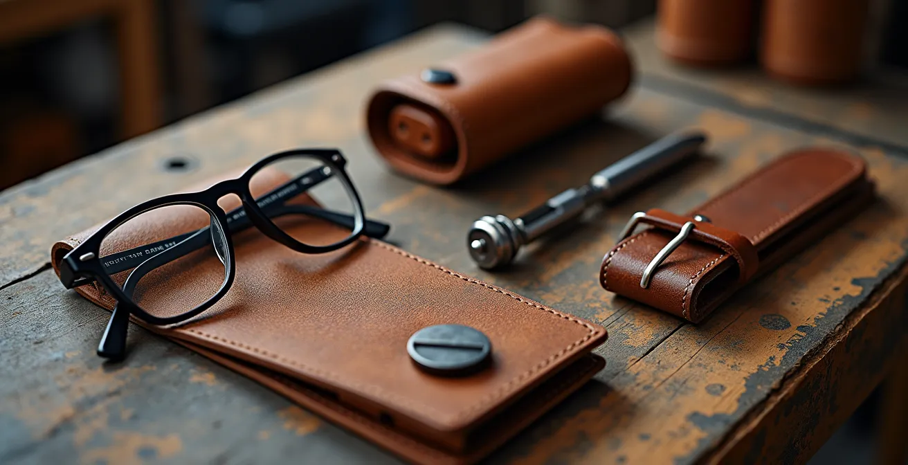 Nahaufnahme hochwertiger Lederaccessoires und Brillengestelle auf Holztisch im deutschen Atelier