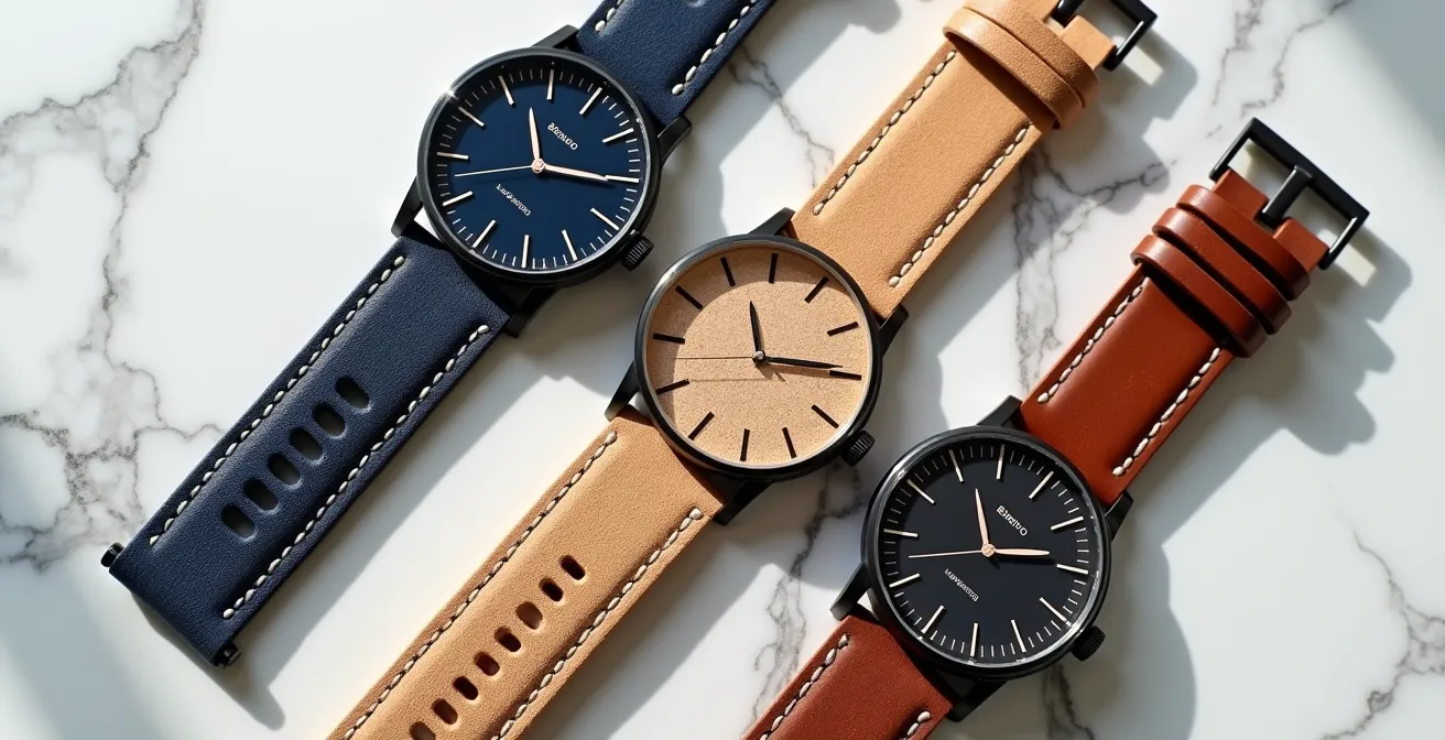 Makroaufnahme verschiedener hochwertiger Uhrenarmbänder aus nachhaltigen Materialien