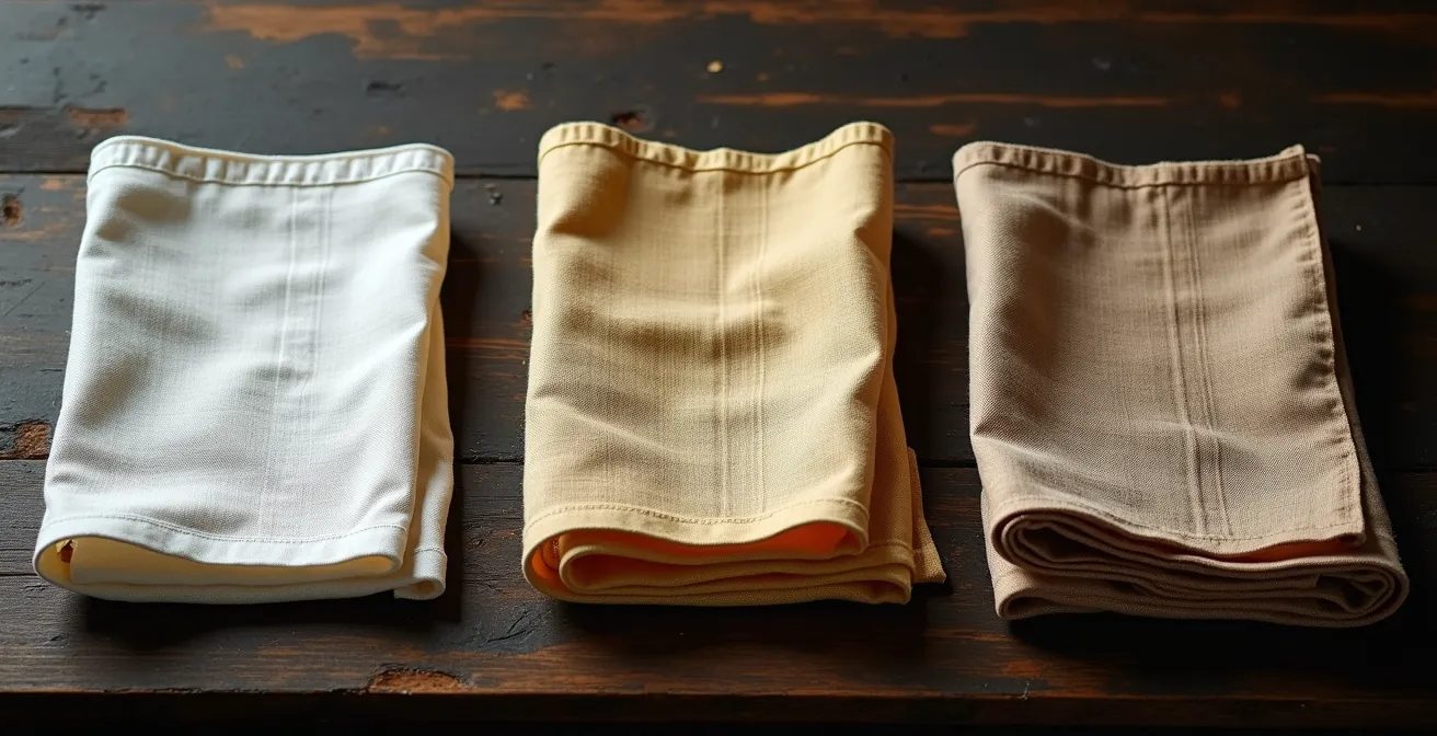 Ungefärbte Leinenstoffe mit natürlicher Patina in verschiedenen Alterungsstadien