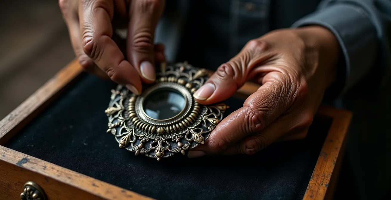 Nahaufnahme von Händen, die ein antikes Art-déco-Schmuckstück aus den 1920er Jahren untersuchen, mit Lupe und Samttuch