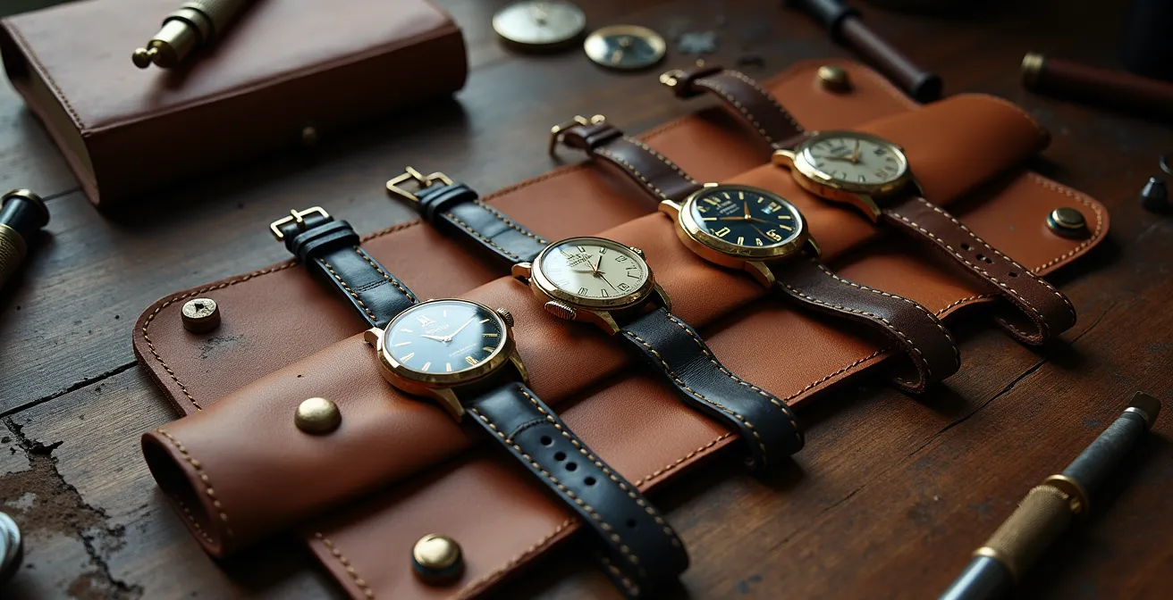 Atmosphärische Aufnahme einer Vintage-Uhrensammlung mit deutschen Klassikern