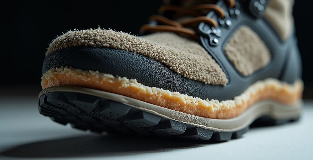 Makroaufnahme eines Winterstiefel-Querschnitts zeigt verschiedene Isolationsschichten