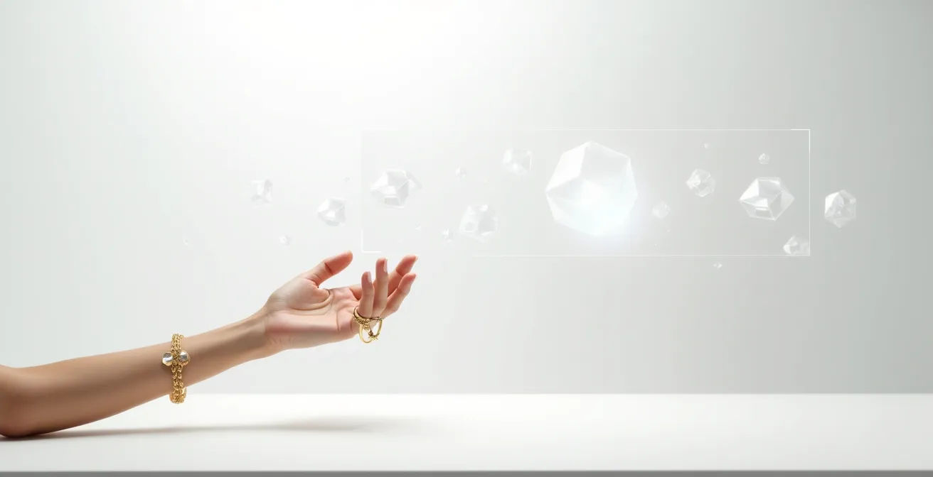 Futuristische Darstellung von digitalem und physischem Schmuck im Cyberspace